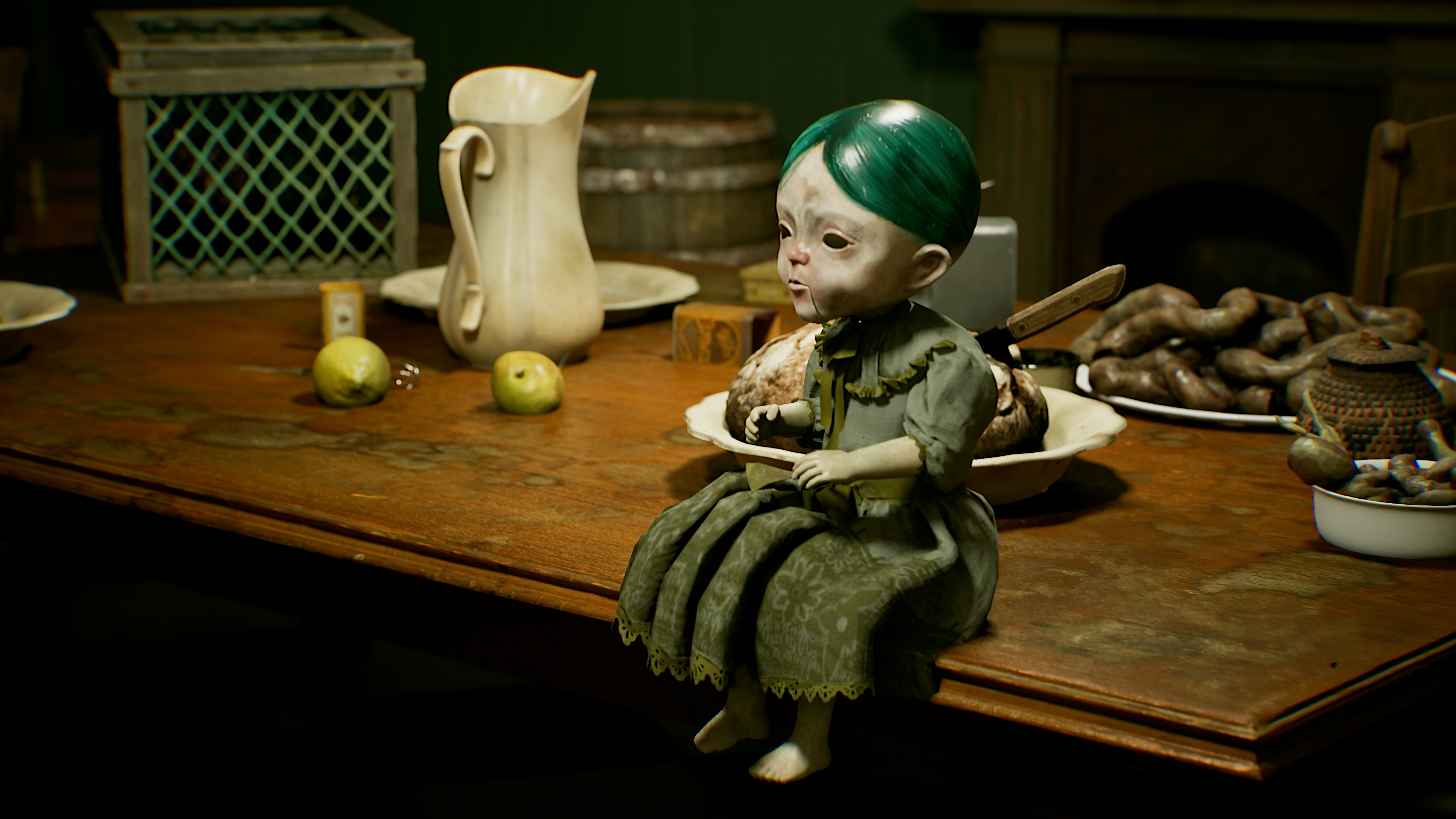 The dolls gathered around a table